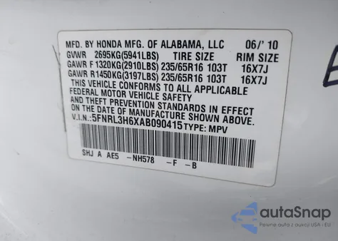 2010 Honda Odyssey Ex-L из США, поврежденный, VIN 5FNRL3H6XAB090415